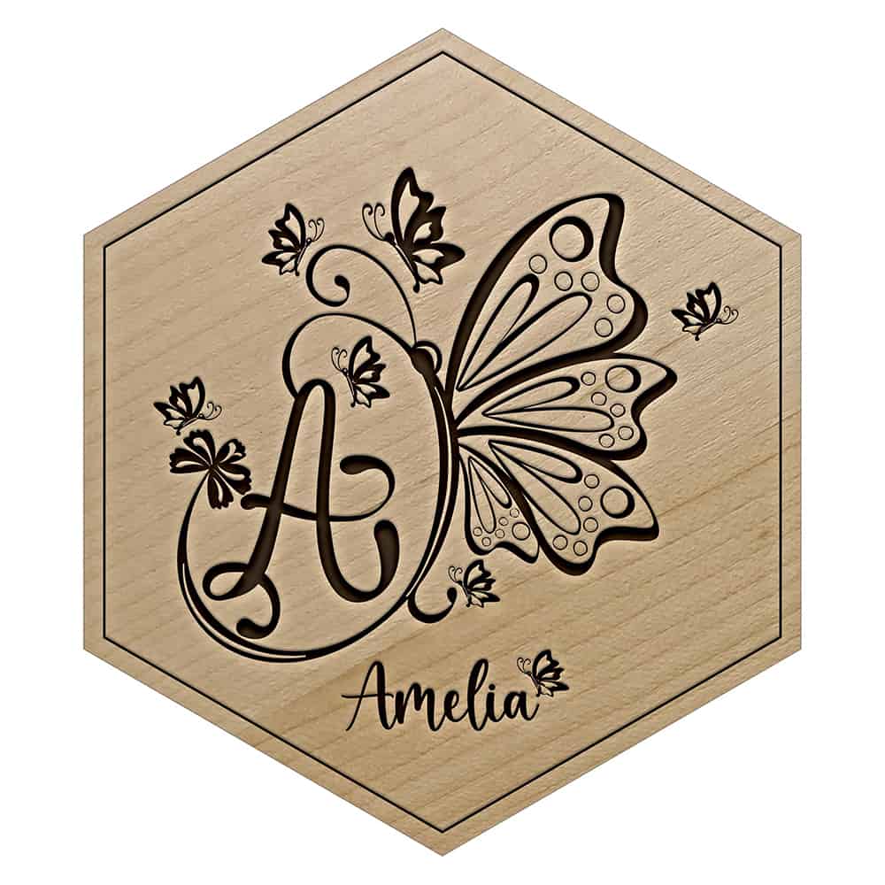 Maple Butterfly Monogram Engraved Wooden Tile