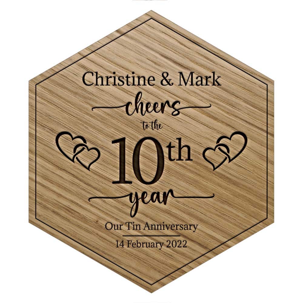 Oak Tenth Wedding Anniversary Engraved Wooden Tile