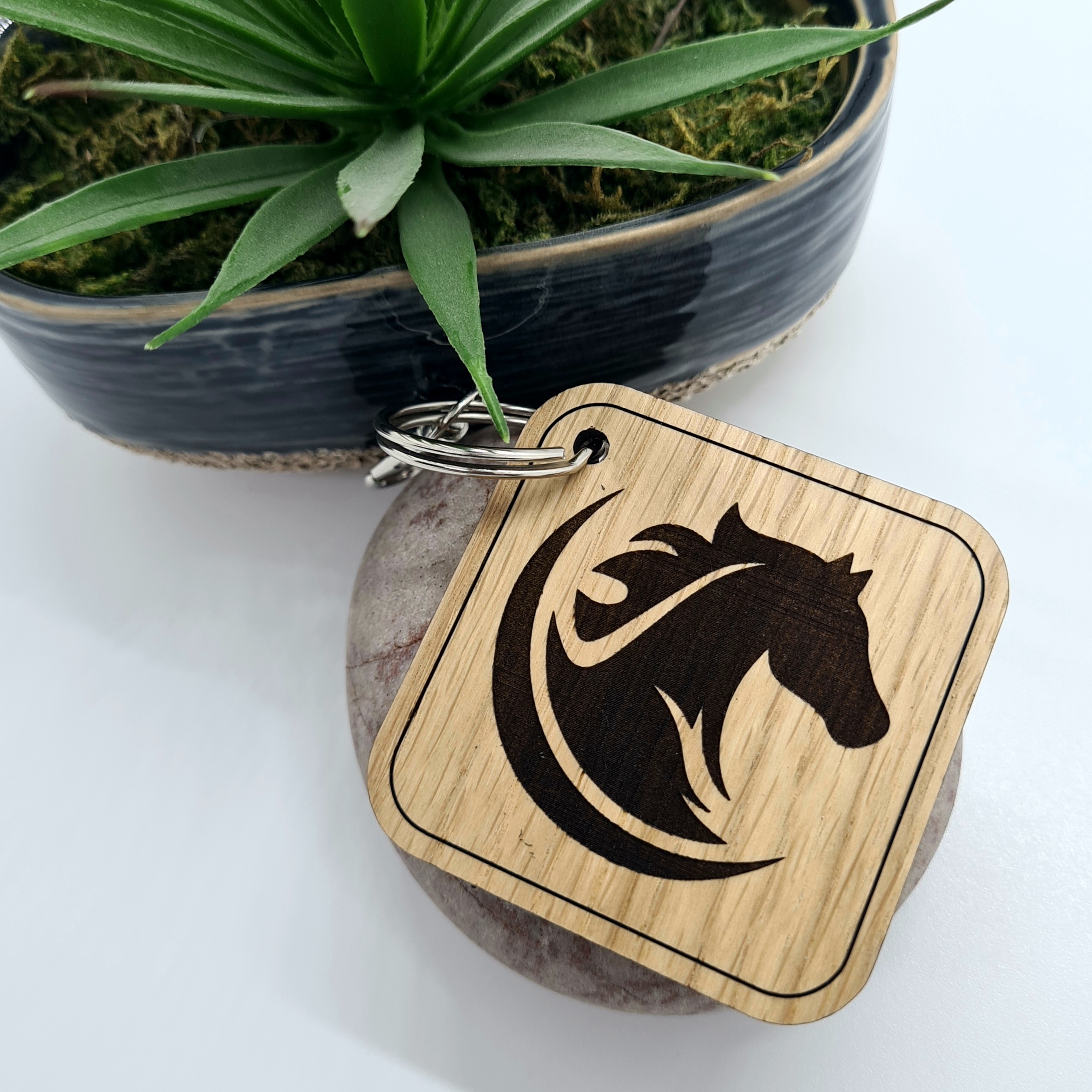 Oak Engraved Wild Horses Keyring