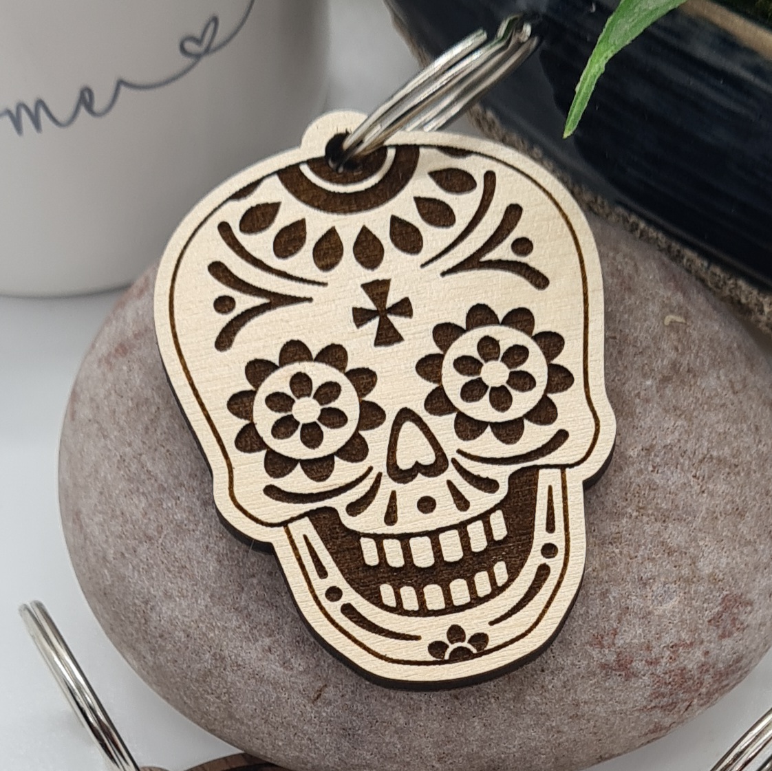 Engraved Wooden Sugar Skull Keyring